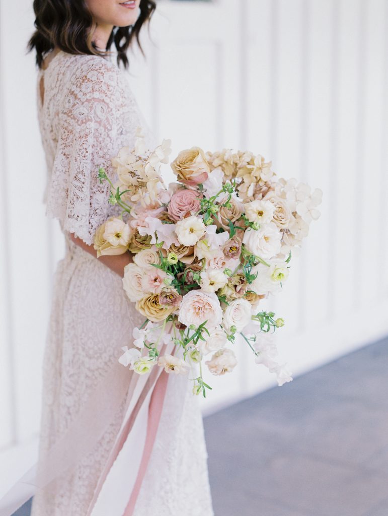 Designs by Hemingway vintage gown blush bouquet bride