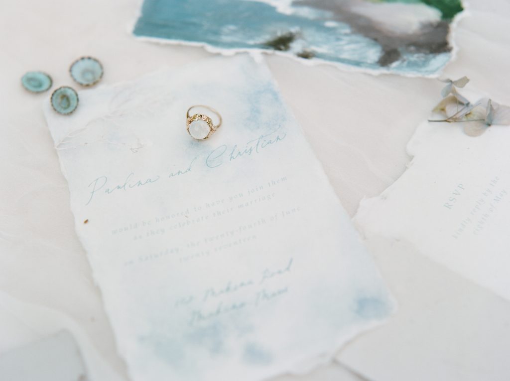 coastal wedding invitation suite and engagement ring