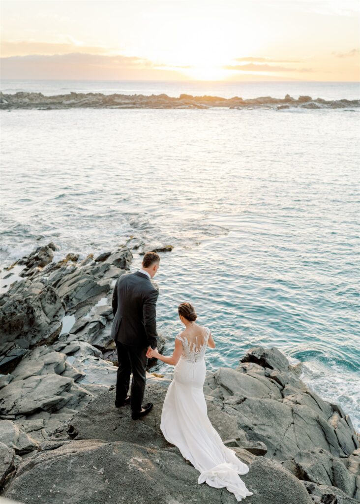 Bride and groom on beach at sunset Maui Hawaii, Maui Destination Wedding