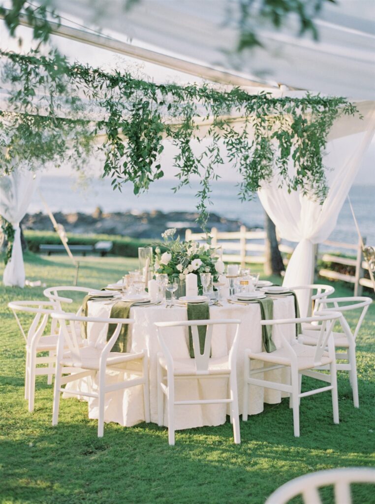 Maui Destination Wedding, White and green reception